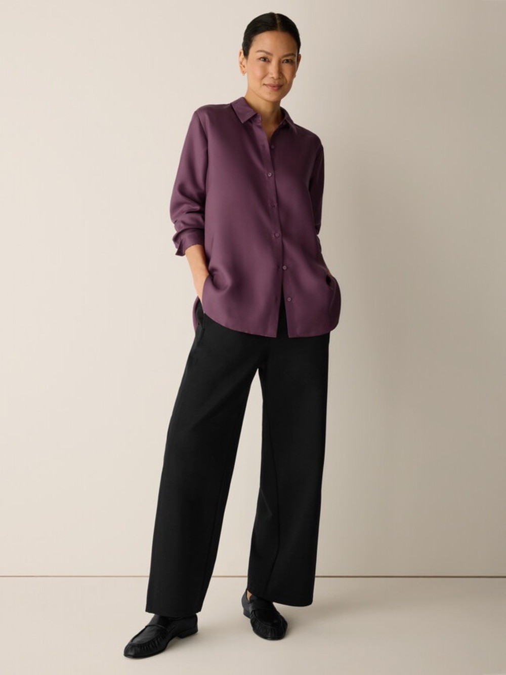 🆕 Eileen Fisher Classic Collar Shirt 100% Silk Size Large